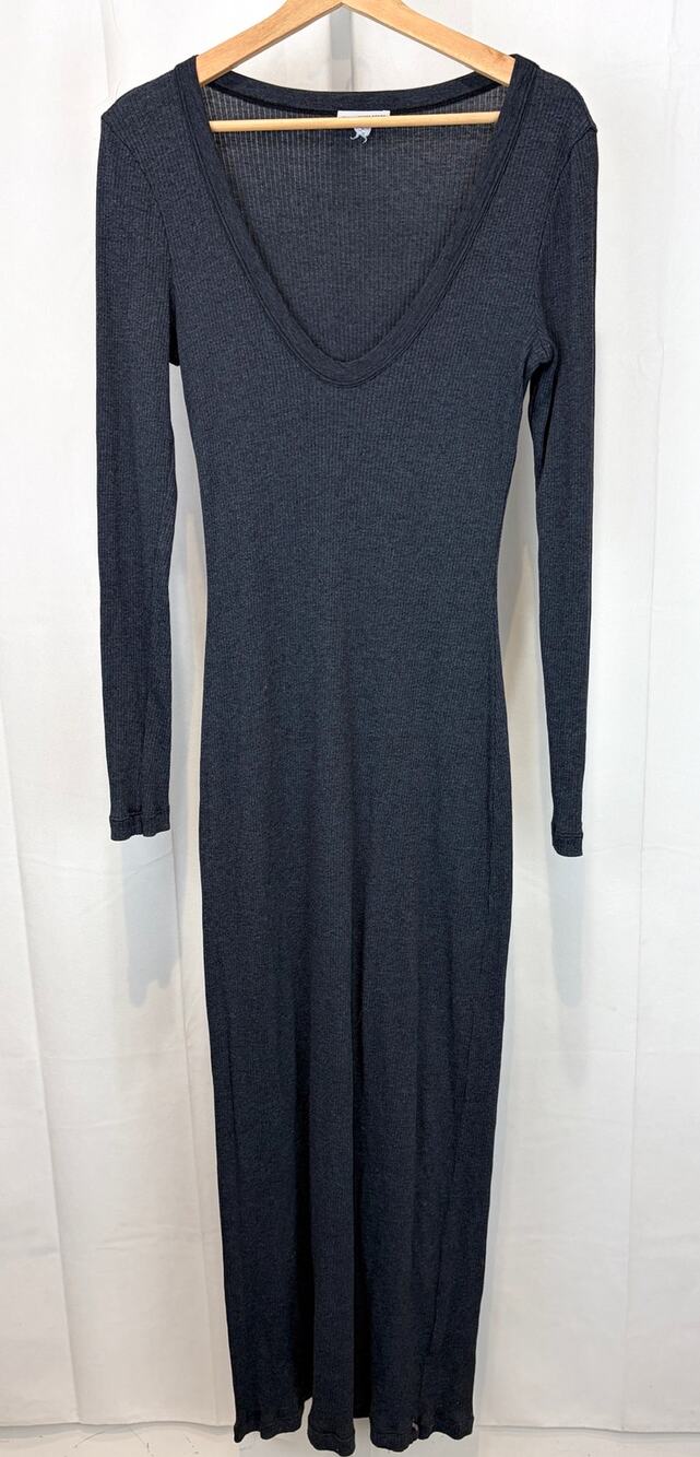 JAMES PERSE Standard Rib Dress V Neck Long Sleeve Midi Maxi Stretch Gray 3 M L